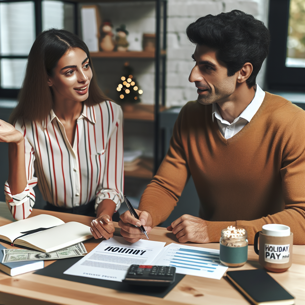 En moderne mentor og mentee som diskuterer økonomi ved et skrivebord, med feriepenge-papirer, notatbok og en kopp kaffe, vennlig og profesjonelt lys