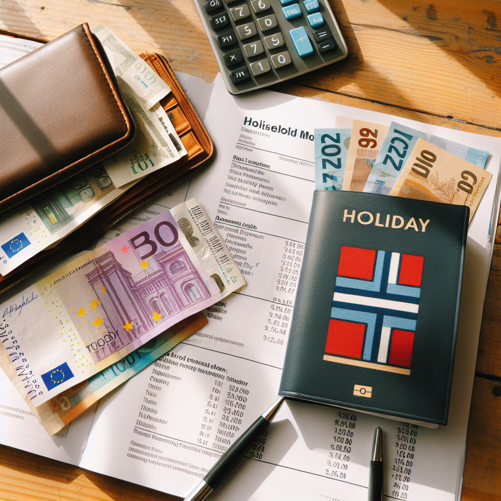 Nærbilde av en norsk husholdningsøkonomi-illustrasjon: en lommebok med sedler merket 'feriepenger', kalkulator, kvitteringer og en skatteveiledningsfolder på et trebord, naturlig lys