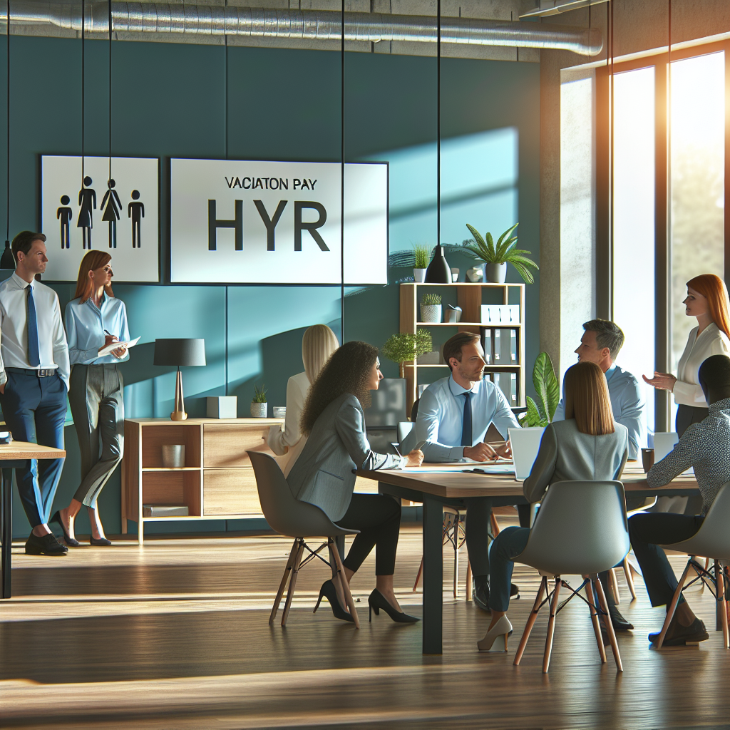 Profesjonelt kontormiljø med HR-ledere som diskuterer feriepenger og rekruttering, moderne nordisk stil, blå og grønn fargepalett, klart lys